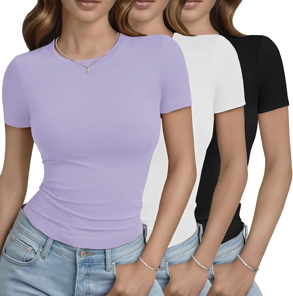 GAYHAY 3 Pack Basic Tees for Women - Crew Neck Slim Fit Tight T Shirts Cute Y2K Trendy Crop Tops ... | Amazon (US)