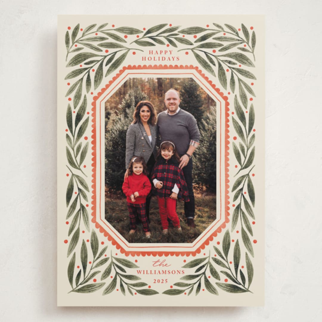 "Botanical Scallop Frame" - Customizable Grand Holiday Cards in Green by Kristen Magee. | Minted