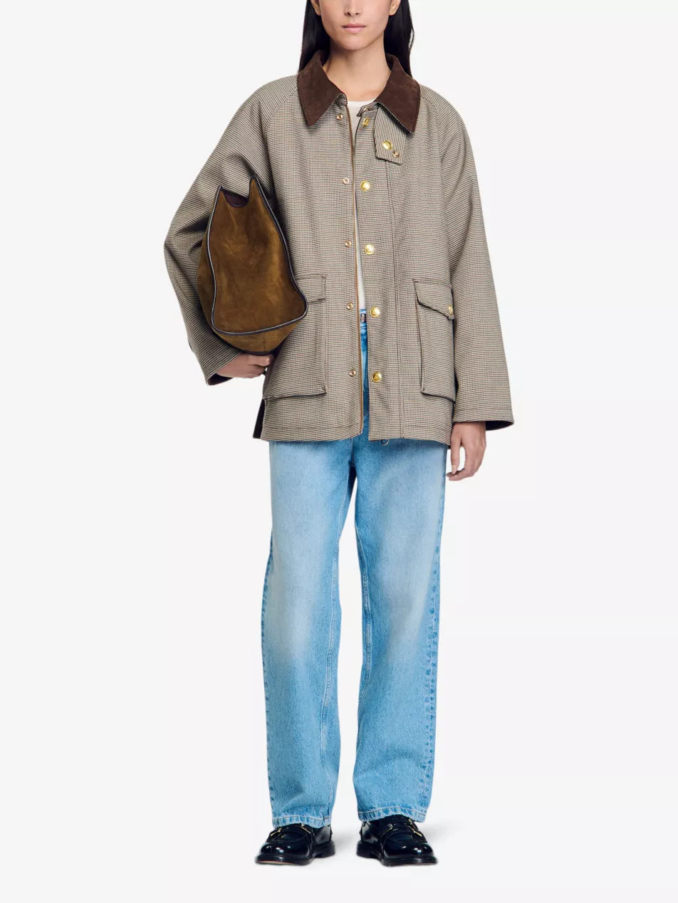 Check-pattern velvet-collar woven coat | Selfridges