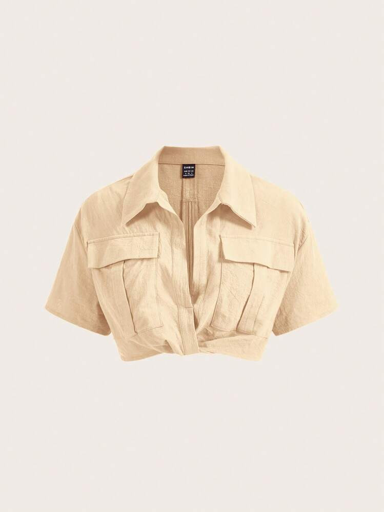 SHEIN EZwear Flap Pocket Crop Shirt,Short Sleeve Tops | SHEIN