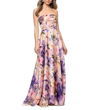Betsy & Adam Long Strapless Floral Print Dress | Dillard's | Dillard's