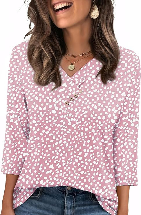 Sampeel Women's V Neck 3/4 Length Sleeve Button Down Shirt | Amazon (US)