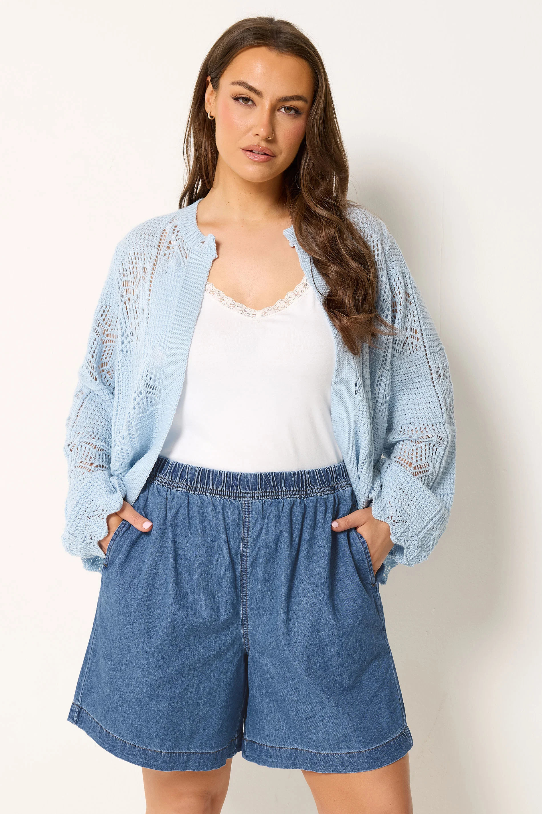 YOURS Plus Size Mid Blue Elasticated Denim Shorts | Yours Clothing UK