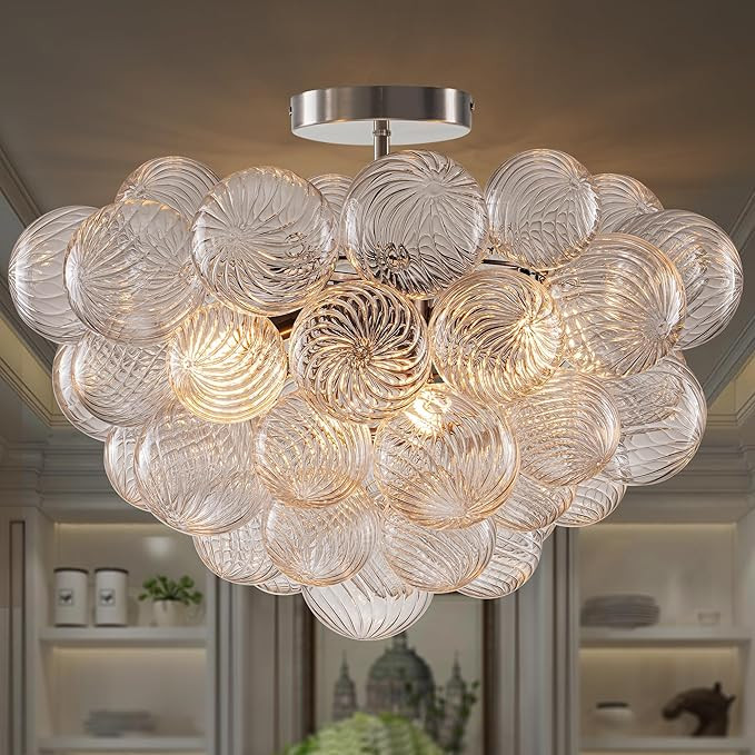 Bubble Ball Glass Chandelier Nickel-Plated Semi Flush Mount Ceiling Light Fixture 20" Dia Clear R... | Amazon (US)