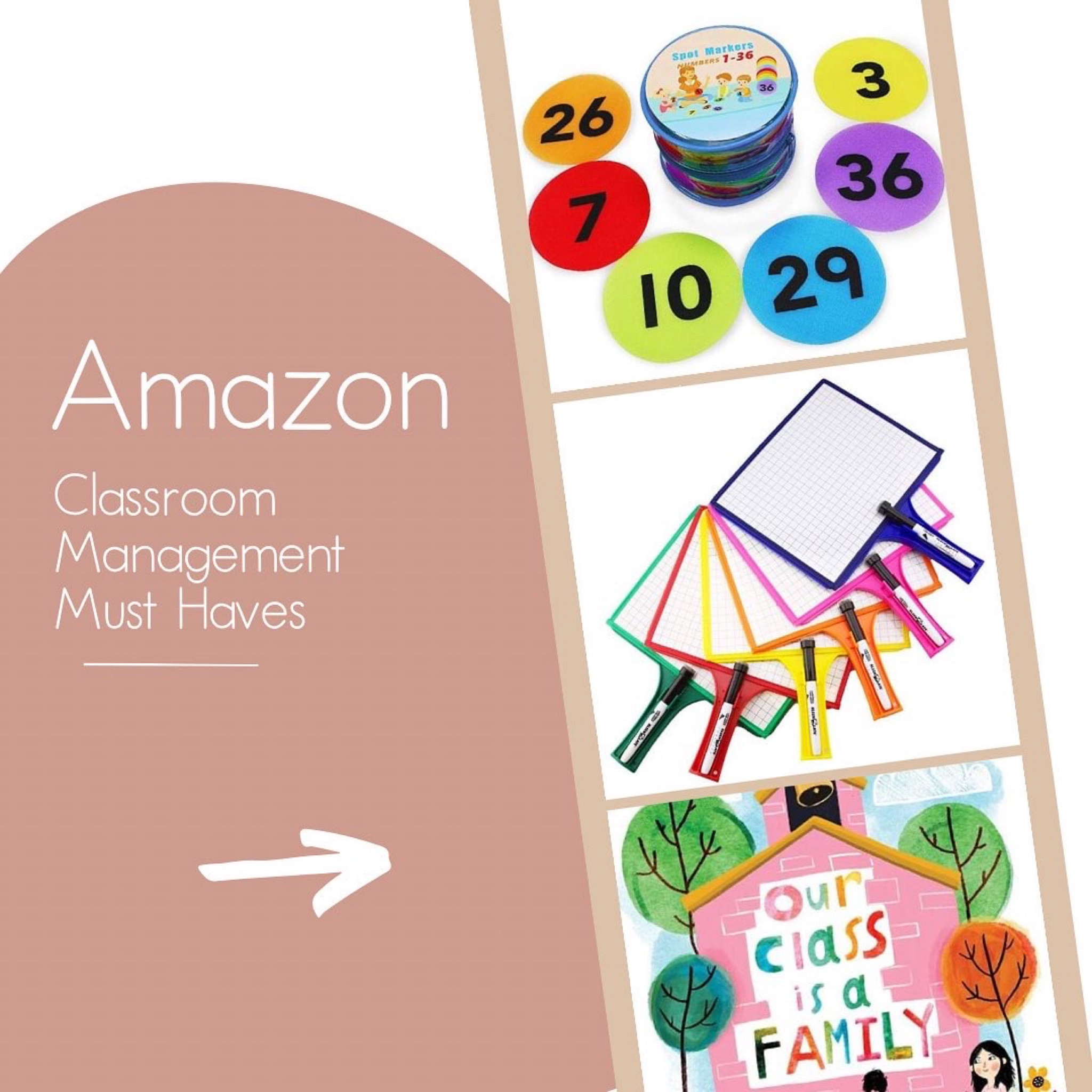 My top 3 classroom management must-haves from Amazon. 

1- Velcro Sit Spots: Make assigned seats at the carpet a breeze. These stick SO good, but they come off easily & restick. Make sure to get the numbered kind so you can reuse them every year. 

2- Kleenslate Whiteboards: My FAVE ever! I have used them since 2016. They are durable, double as a dry-erase pocket, have attached marker slot and eraser, and a handle so students can easily share their work. 

3- Our Class is a Family by Shannon Olsen: My go-to book to read on the first day of school to build community.

#LTKSeasonal