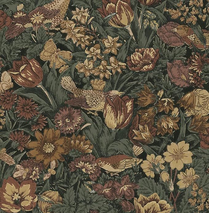 Bird Floral Vintage Prepasted Wallpaper (Mahogany & Graphite) | Amazon (US)