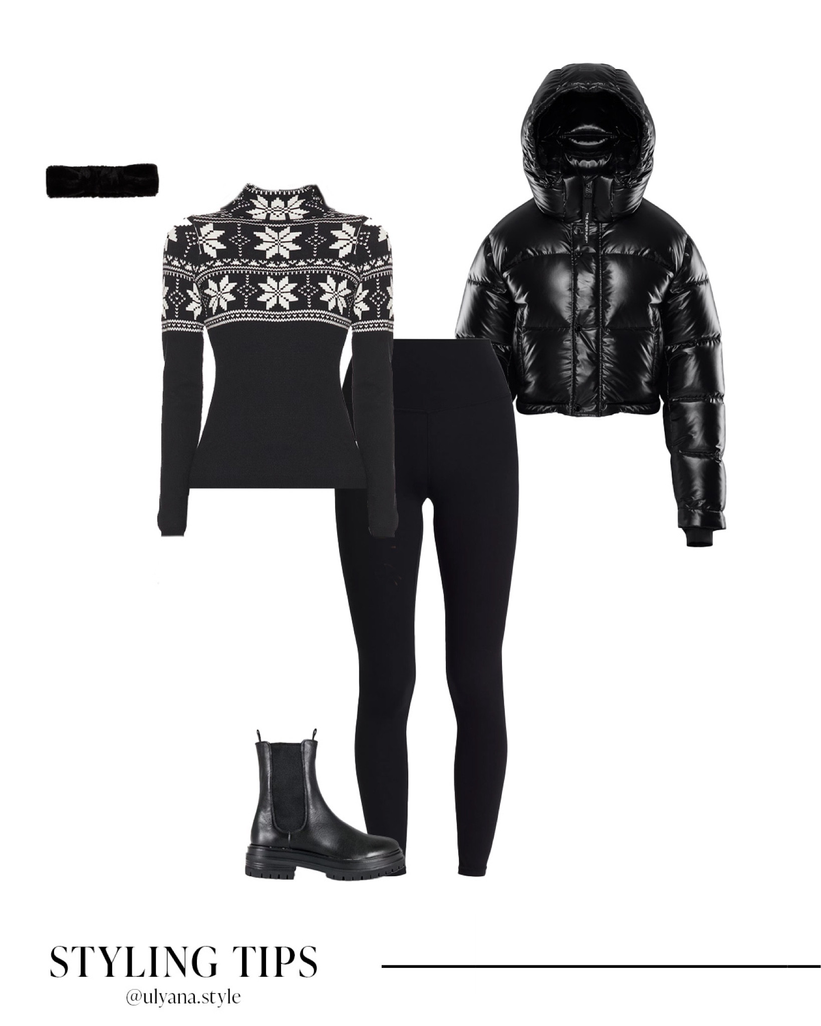Stay warm and stylish with this chic winter outfit! ❄️ A black puffer jacket paired with fleece lined black leggings, a ski pullover turtleneck sweater, and black Chelsea boots is perfect for snowy days or après-ski outings. Complete the look with a cozy black fur headband for extra warmth. 
.
.
.
.
.
.
Winter jacket | puffer jacket outfit | leather jacket | black jacket | 
Cropped jacket | leggings outfit | leggings and boots | leggings and sweater | black leggings outfit | fleece leggings | thermal leggings | casual leggings outfit | winter leggings | black sweater | fair isle sweater | ankle booties | black booties | lug booties | winter booties | ski outfit | cabin outfit | outfit ideas 

#LTKSeasonal #LTKHoliday #LTKU #LTKSaleAlert #LTKGiftGuide #LTKWorkwear #LTKTravel #LTKShoeCrush #LTKItBag 

#LTKFindsUnder100 #LTKStyleTip #LTKFindsUnder50