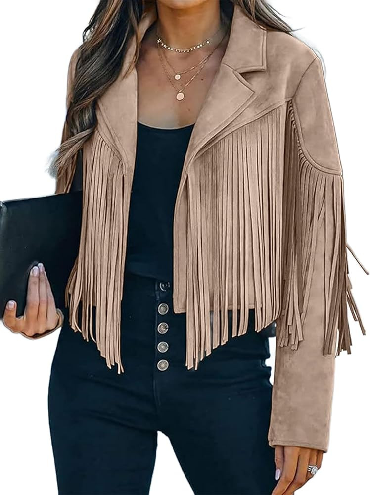Faux Suede Leather Jackets For Women Trendy Fall Western Fringe Cropped Jacket 2025 Tassel Motorc... | Amazon (US)