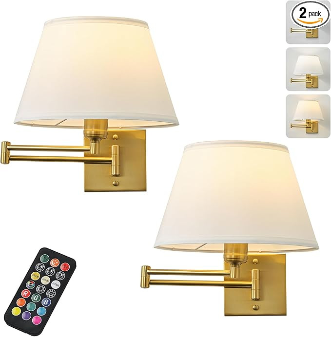 Battery Operated Wall Sconces Set of Two with Remote Control, Rechargeable Cordless Swing Arm Wal... | Amazon (US)