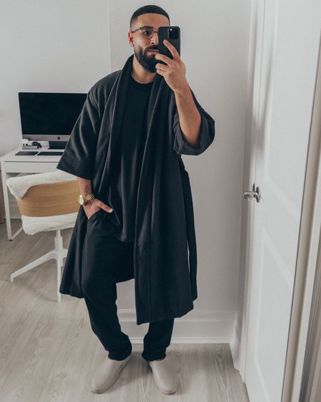 SALE 🚨 full lounge set featuring robe, t-shirt, and pants on sale up to 60% off… FEAR OF GOD Robe in ‘Black’ (size S/M), 3/4 Sleeve Shirt in ‘Black’ (size M), Lounge Pants in ‘Black’ (size M), and California slides in ‘Concrete’ (size 41). FEAR OF GOD x BARTON PERREIRA glasses in ‘Matte Khaki’. A relaxed and elevated men’s outfit for lounging at home or a spa day out. 

#LTKsalealert #LTKmens #LTKstyletip