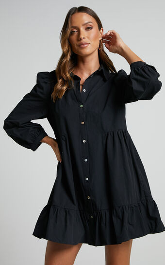 Maulee Mini Dress - Frill Hem Shirt Dress in Black | Showpo (US, UK & Europe)