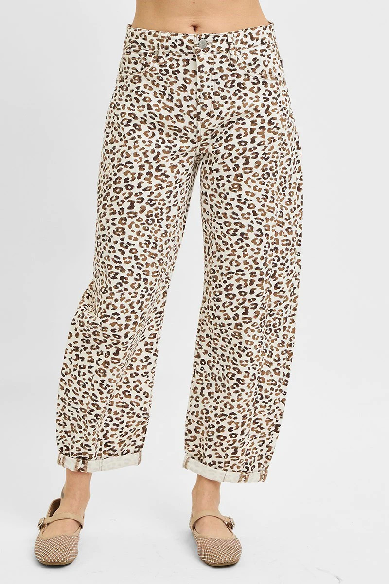 Risen High Rise Leopard Crop Barrel Jeans Cream | Wave Avenue Boutique