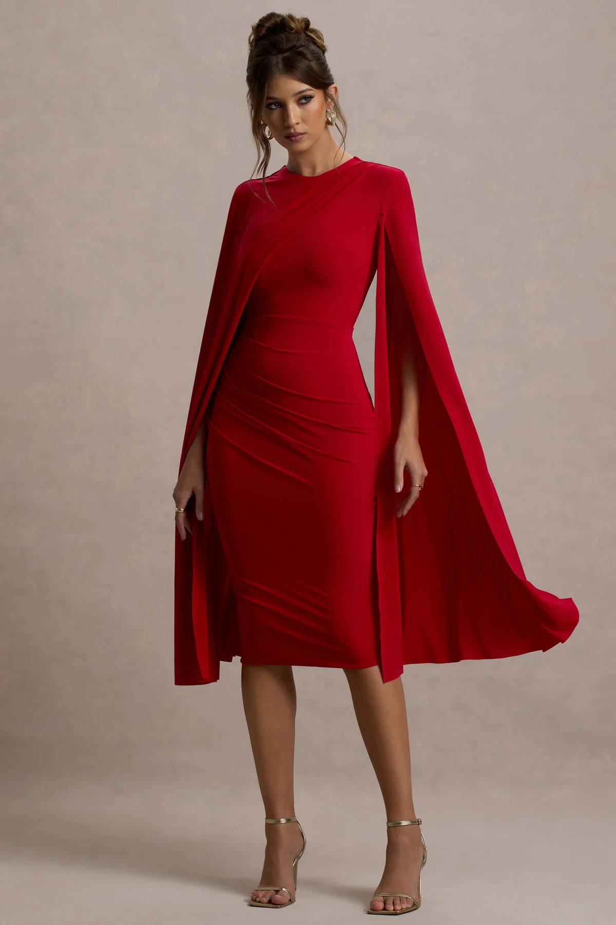 Marysol | Red Asymmetric Cape Midi Dress | Club L London