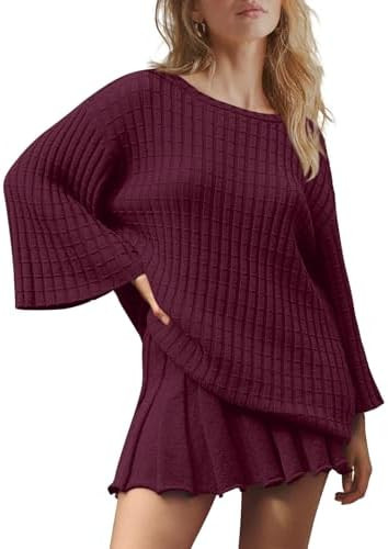 LAMISSCHE Womens Lounge Set Oversized 2 Piece Sweater Skirt Sets Long Sleeve Knit Top Pleated Ski... | Amazon (US)