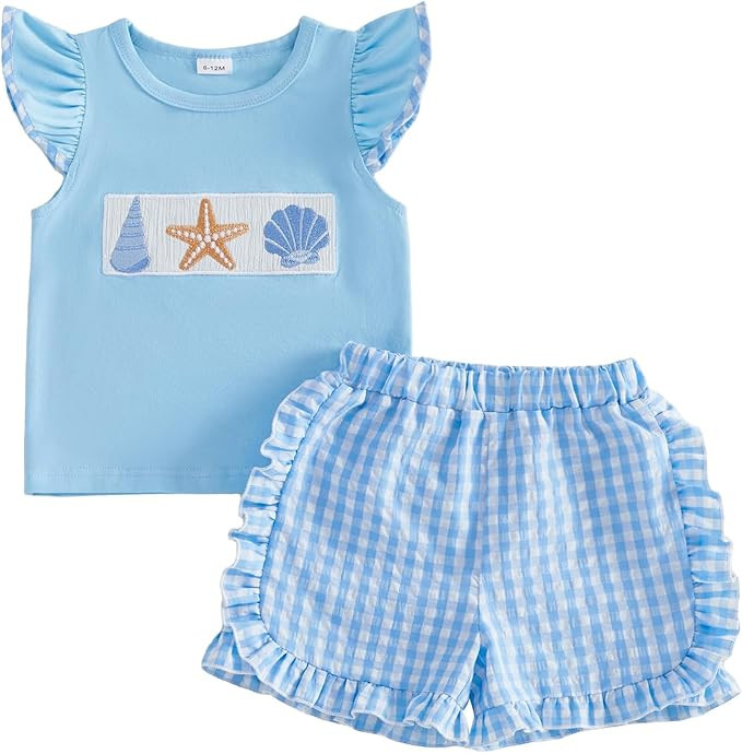 Muasaaluxi Toddler Baby Girl Clothes Summer Short Sleeve Starfish Conch Seashell T-shirt Ruffle P... | Amazon (US)