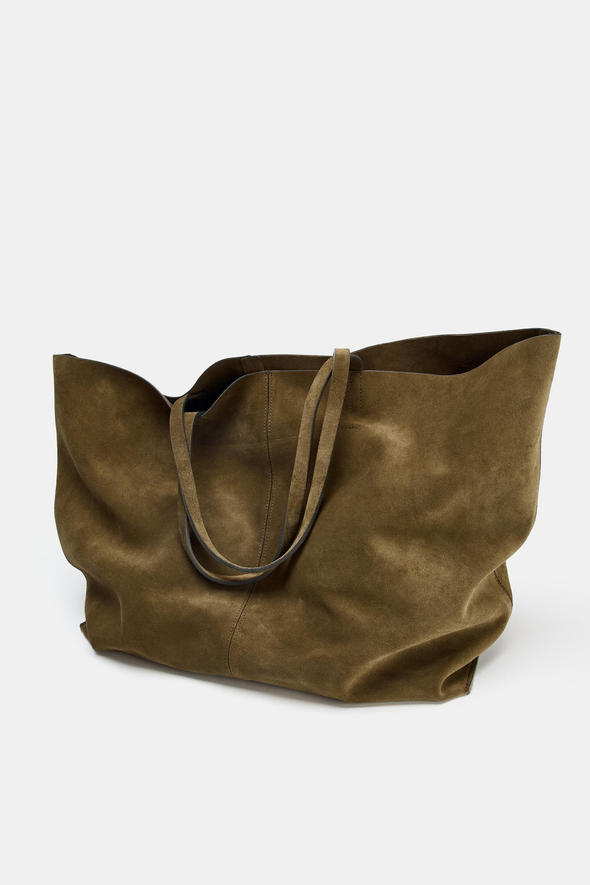 Zara - Split Suede Maxi Tote Bag In Khaki Green - One Size Only - Woman | Zara UK
