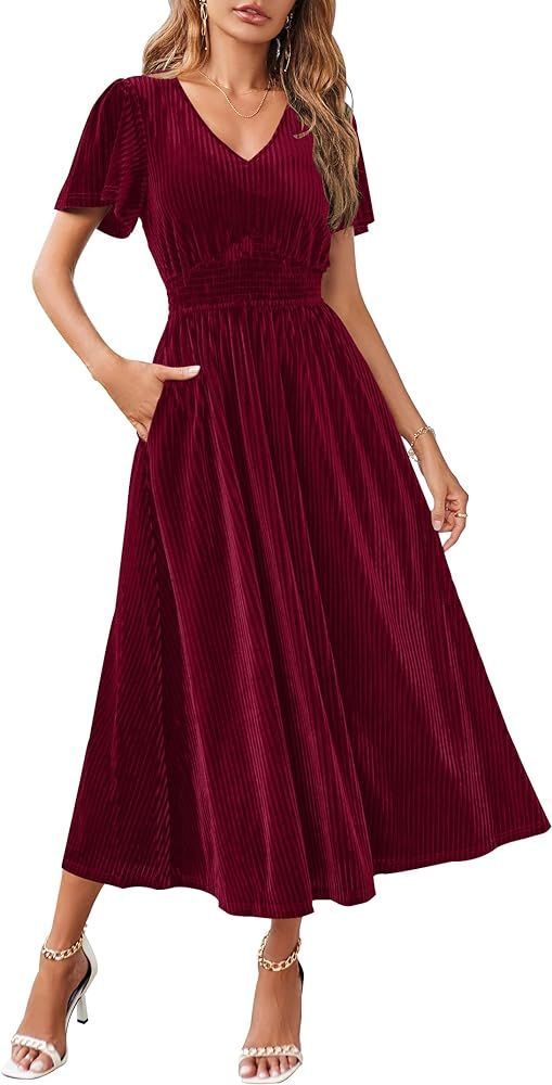 MEROKEETY Women's 2023 Short Sleeve V Neck Velvet Maxi Dress Long Flowy Wedding Guest Party Dress... | Amazon (US)