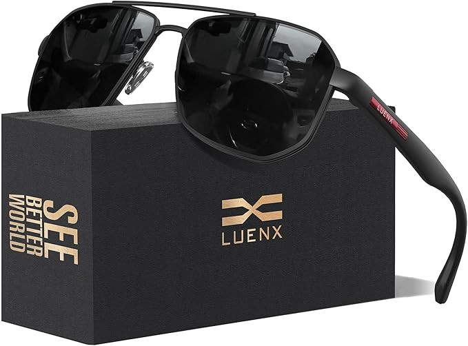 LUENX Aviator Sunglasses for Men Square Polarized Polygon Lens - UV 400 Protection with Accessori... | Amazon (US)