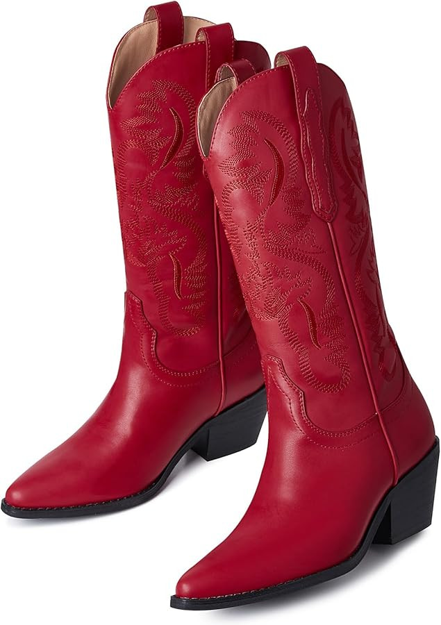 CYNLLIO Black Cowgirl Boots for Women Chunky Heels Mid Calf Cowboy Boots Retro Embroidered Pull o... | Amazon (US)