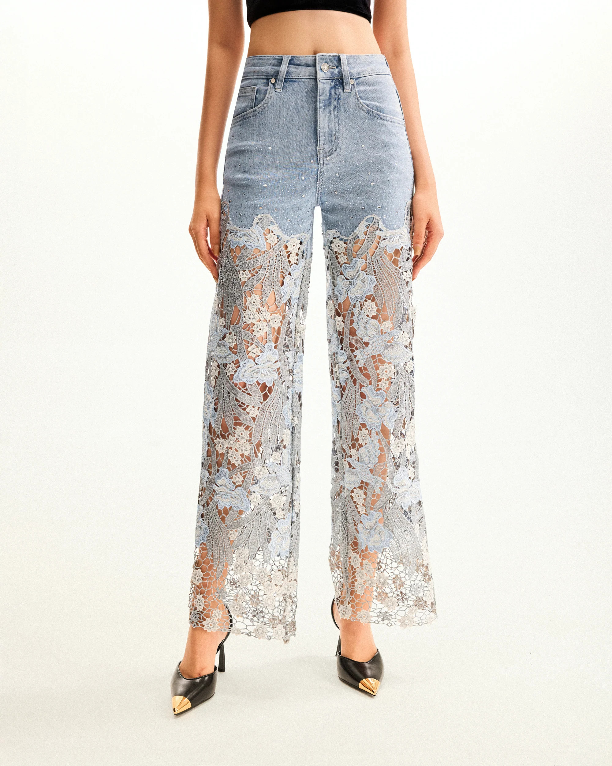 Embroidery High Rise Wide Leg Lace Denim Jeans With Rhinestone - Light Blue | JW PEI US