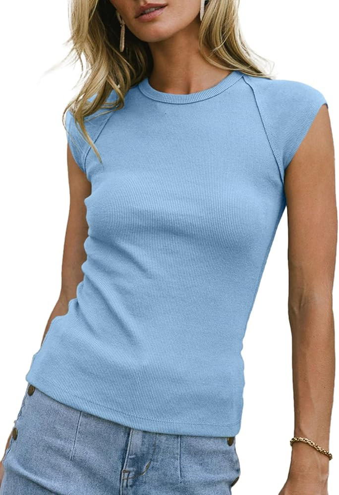 Sidefeel Womens Tops Casual Crewneck Cap Sleeve Tops Ribbed Raw Hem Summer T Shirts Slim Fit Basi... | Amazon (US)