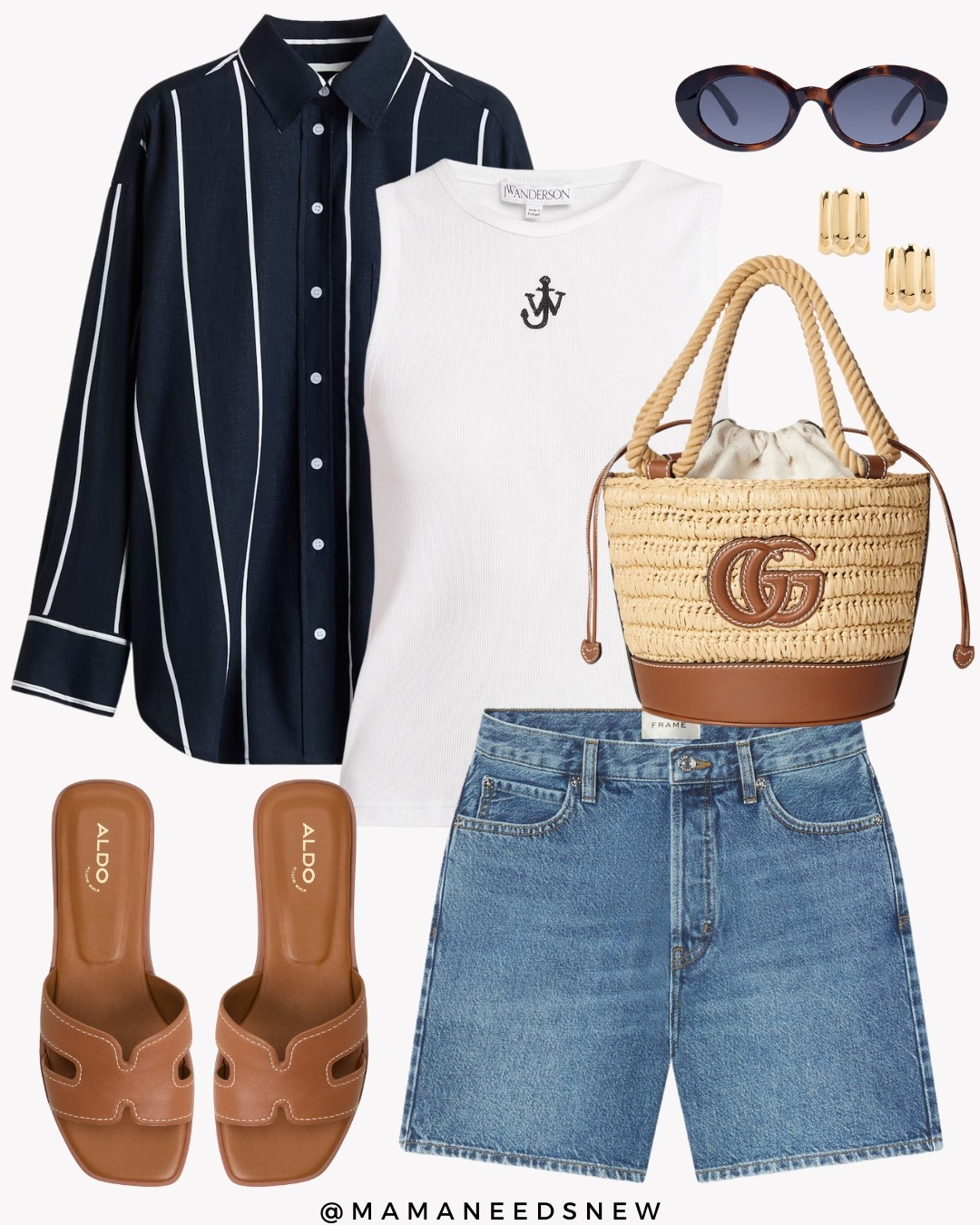 A summer outfit with a striped linen blend shirt, denim shorts, tank top, raffia bag & slide sandals 🤎

#LTKSaleAlert #LTKStyleTip #LTKItBag