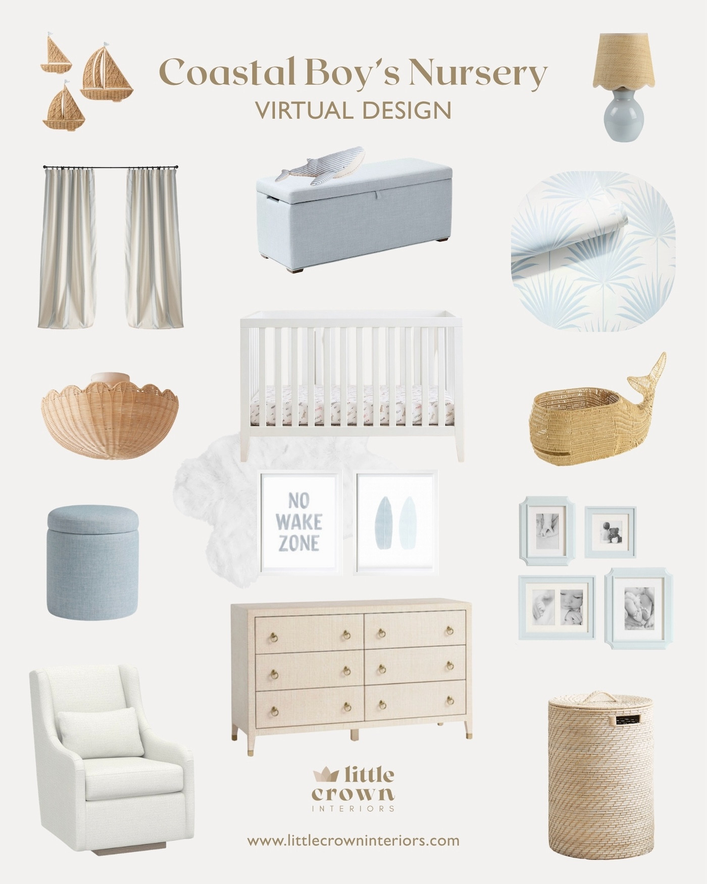 This blue boy's coastal nursery was for a client who wanted a soft space with California coastal decor, neutral colors and pops of light blue. These are the products we used in this nursery, like the fun blue palm wallpaper, textured raffia dresser, coastal sailboat wall decor, and surf themed artwork.
✨🩶 Want a virtual nursery design of your own? Check out www.littlecrowninteriors.com for interior design services. 🩶 ✨ 
Design by Little Crown Interiors. For lots more baby girl nursery ideas, check out my blog and website! 
#nurserydecor #nurseryfurniture #nursery #babynursery #boynursery #coastalnursery #nurserywallpaper #wallpaper #bluewallpaper #virtualdesign #edesign #littlecrowninteriors #LTKstyletip

#LTKBump #LTKmomlife #LTKHome #LTKSaleAlert #LTKBaby