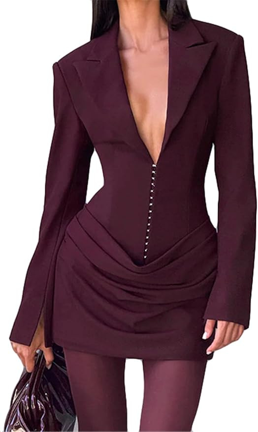 Women's Long Sleeve Lapel V Neck Ruched Ruffles Bodycon Sexy Nightclub Party Blazer Mini Dress | Amazon (US)