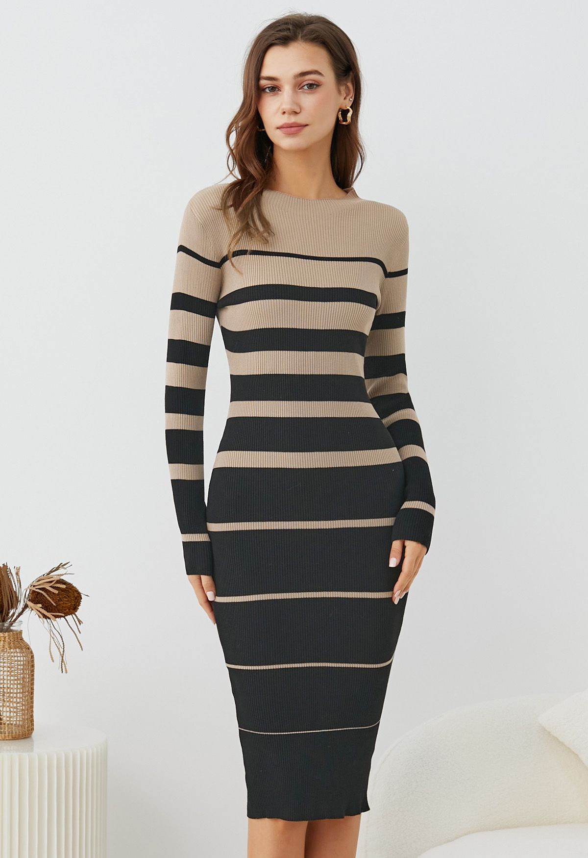 Color Block Stripe Bodycon Knit Midi Dress in Black | Chicwish