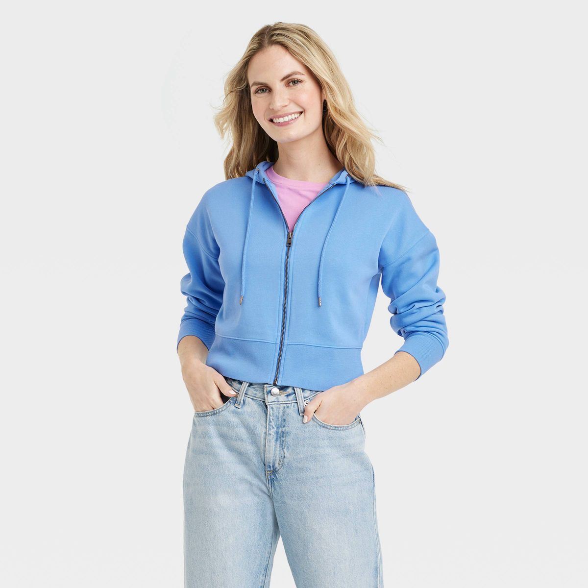 Women's Cropped Hooded Zip-Up Sweatshirt - Universal Thread™ Blue S | Target