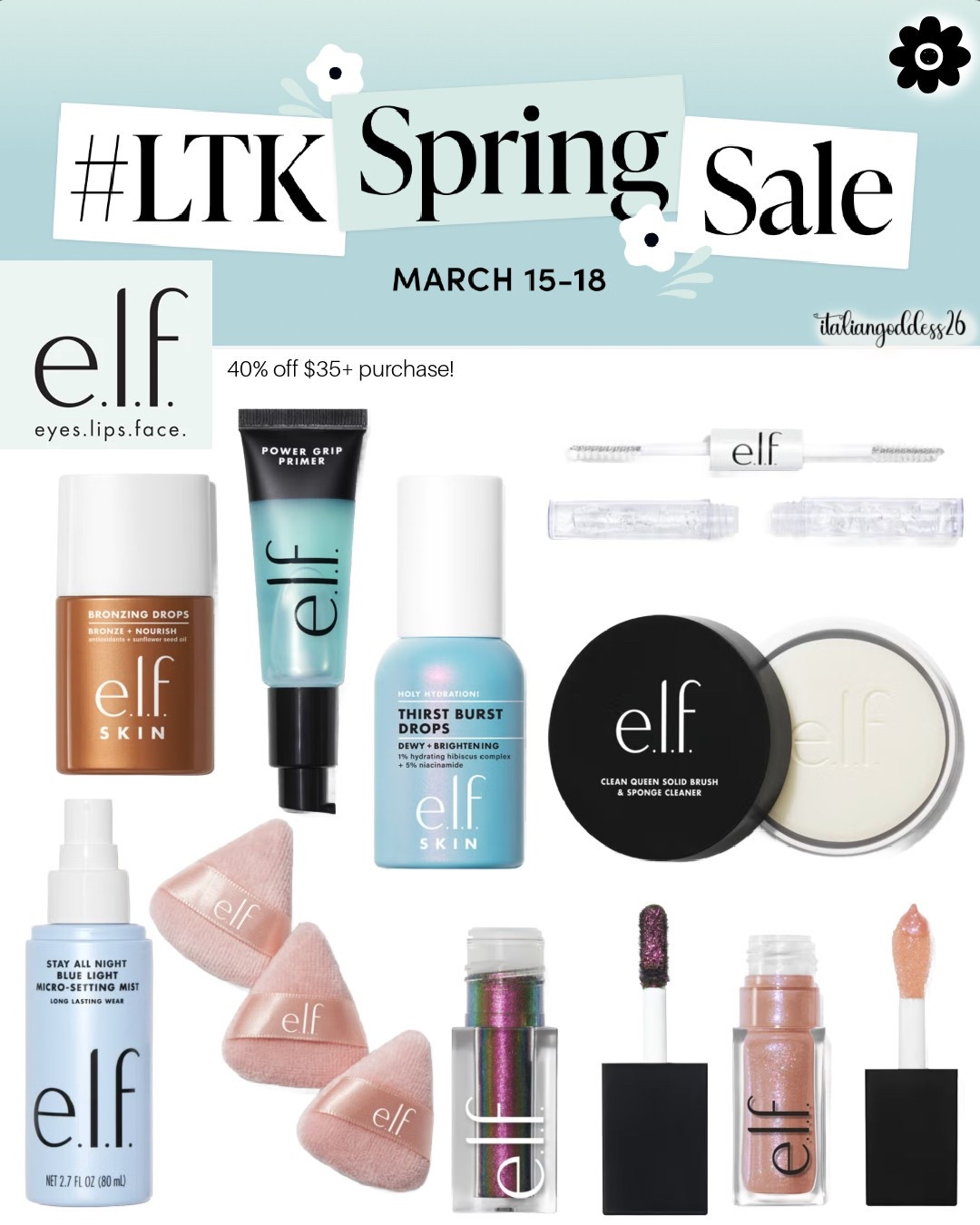 shop the LTK Spring Sale with e.l.f. cosmetics
👉🏼 40% off $35+ purchase with in-app LTK code 📲 

#LTKSpringSale #LTKOver40 #LTKSaleAlert #LTKFindsUnder50 #LTKFindsUnder100 #LTKStyleTip #LTKBeauty 
