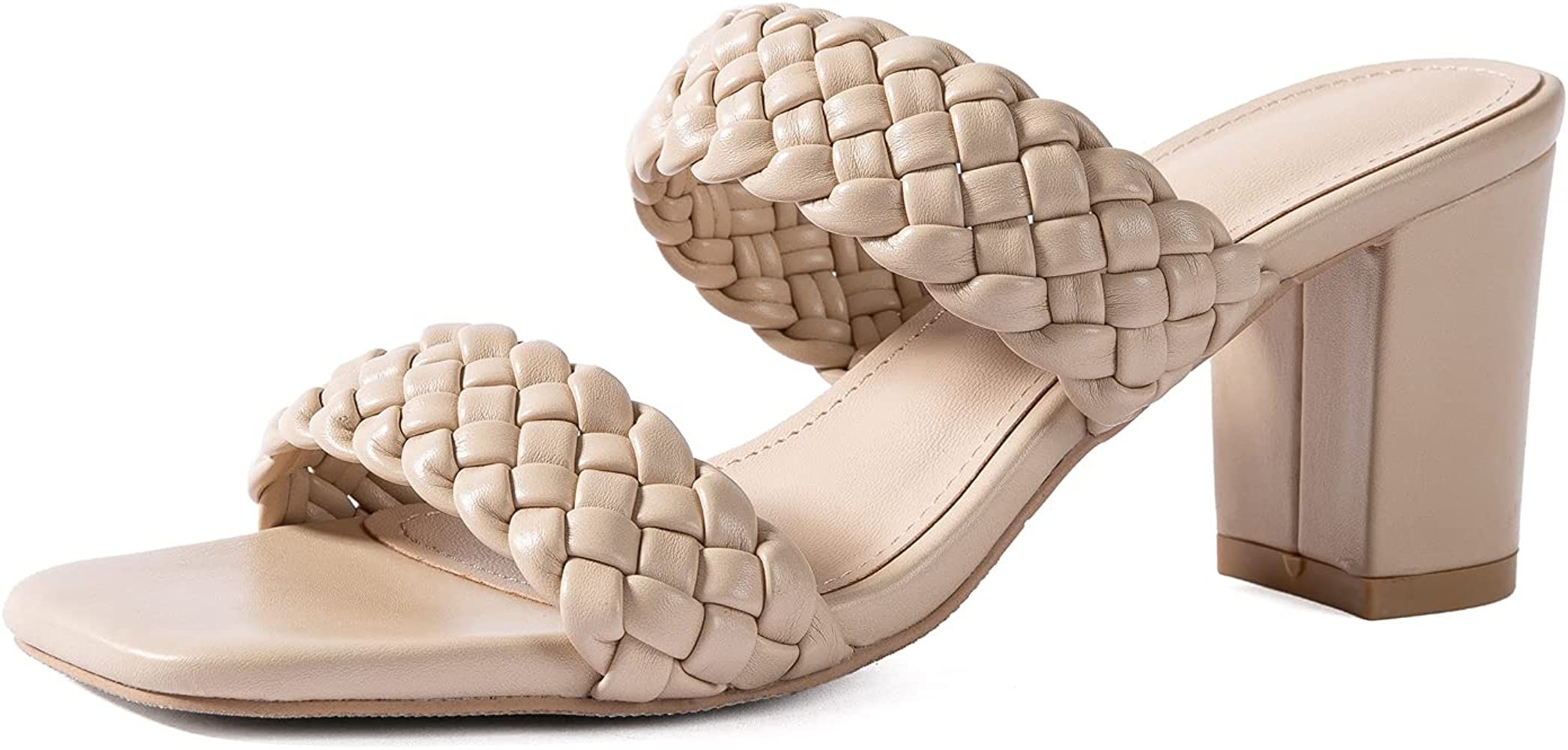 Women Heels Sandals Woven Chunky Heels Braided Nude Square Toes Leather Comfortable Strappy Dress Ca | Amazon (US)