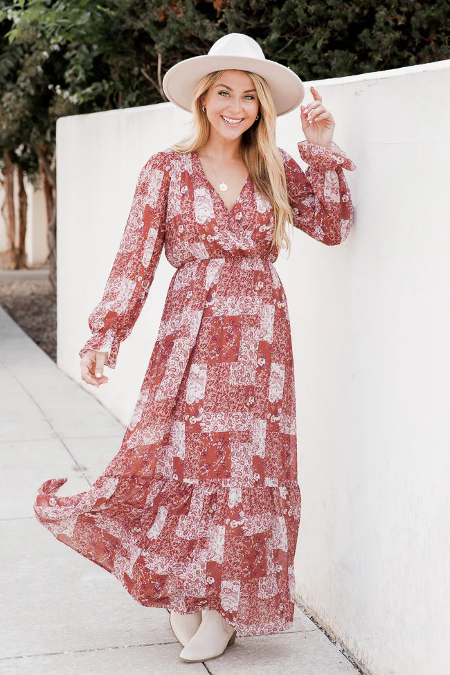 We're Not Done Multi Patchwork Printed Long Sleeve Maxi Dress FINAL SALE | Pink Lily