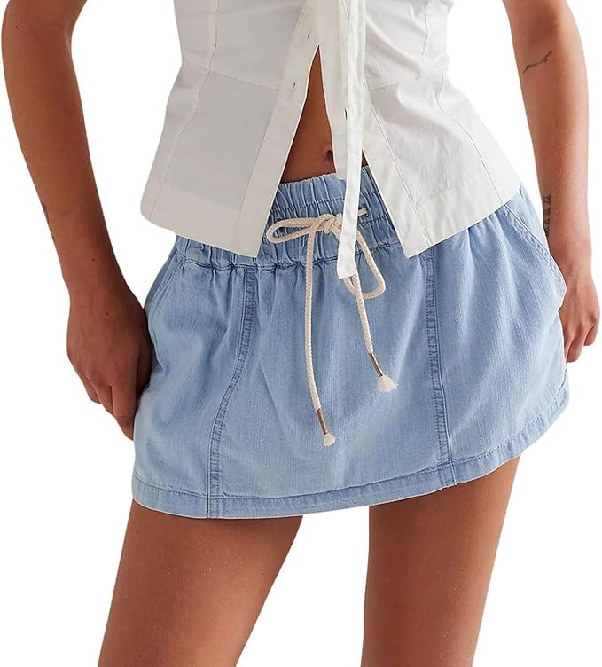 utcoco Womens 2025 Summer Denim Skirts Shorts Y2K Drawstring Elastic Low Wasit Jean Shorts with P... | Amazon (US)