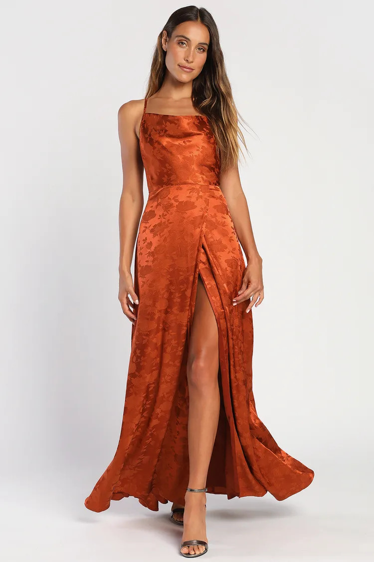 Simply Dreamy Rust Orange Satin Floral Jacquard Maxi Dress | Lulus