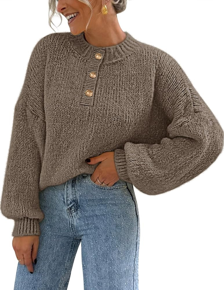 MEROKEETY Suéteres de gran tamaño para mujer 2025 para otoño, manga larga farol, botones, cuel... | Amazon (US)