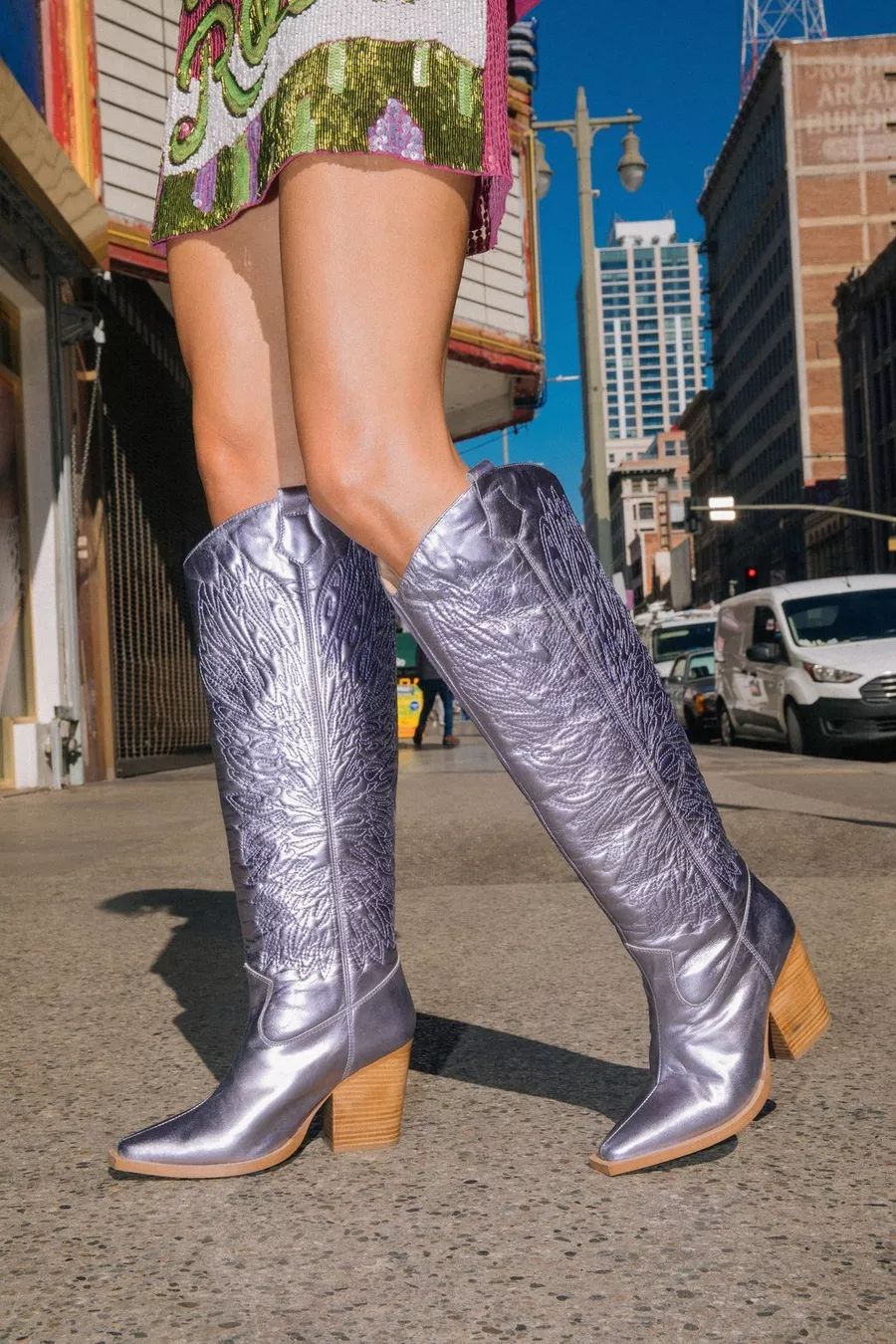 Leather Metallic Butterfly Embroidery Knee High Cowboy Boots | Nasty Gal US