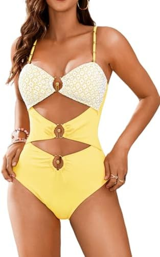 Cut-Out Gold Ring Boho Monokini, Color Block Sexy Ruched, One Piece Cheeky Swimsuit for Women Vac... | Amazon (US)