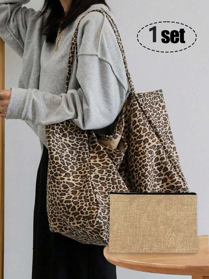 Large Fashion Leopard Handbag Plus A Khaki Linen Bag, Large-Capacity Shoulder Bag, Fashion Leopard | SHEIN