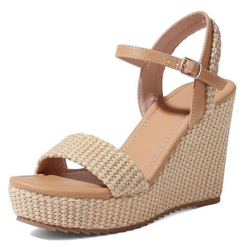 mikarka Women's Espadrille Wedge Sandals: Ankle Strap Platform Open Toe Wedges - Stylish High Heel Dressy Summer Wedges for Women, Inspired by Espadrilles Brown Raffia Size 5 | Amazon (US)