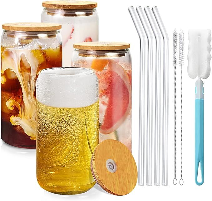 Drinking Glasses with Bamboo Lids and Glass Straw, 16oz Can Shaped Glass Cups, Beer Glasses, Cock... | Amazon (US)