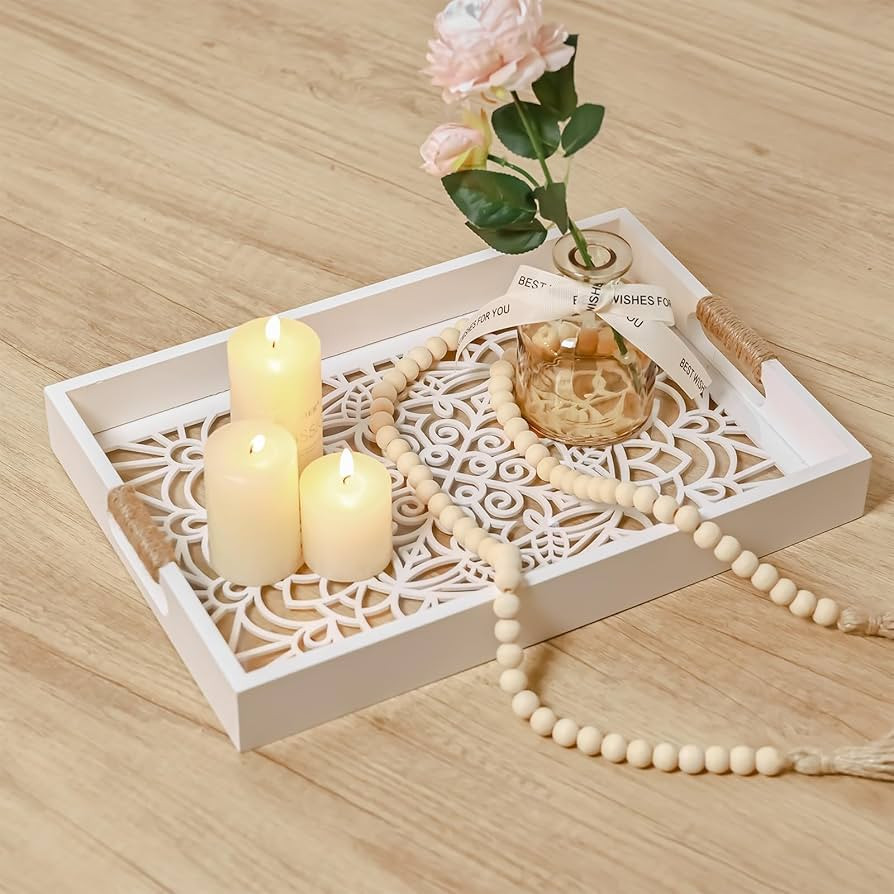 Wooden Serving Tray with Handles, Decorative Tray for Coffee Table Decor, Bathroom Tray for Count... | Amazon (US)