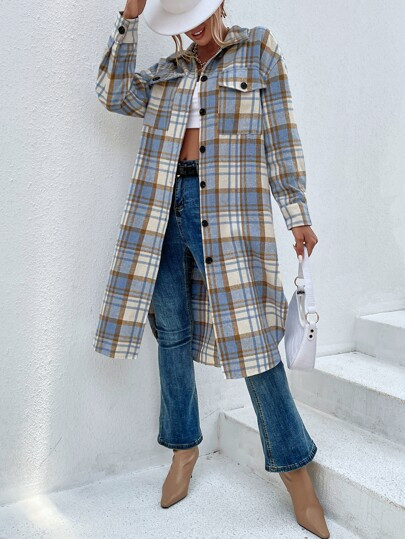 Plaid Flap Pocket Drop Shoulder Curved Hem Coat | SHEIN