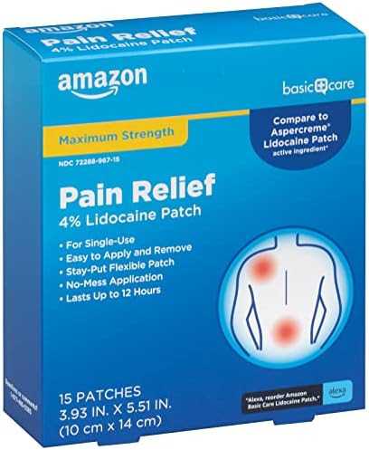 Amazon Basic Care Maximum Strength OTC Pain Relief , 4% Lidocaine Patch, 3.9” x 5.5”, 15-Coun... | Amazon (US)