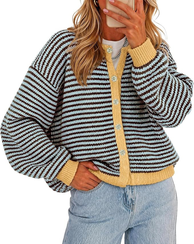 Cicy Bell Womens Striped Cardigan Sweaters Long Sleeve Button Up Knit Tops | Color Block,Loose Fi... | Amazon (US)