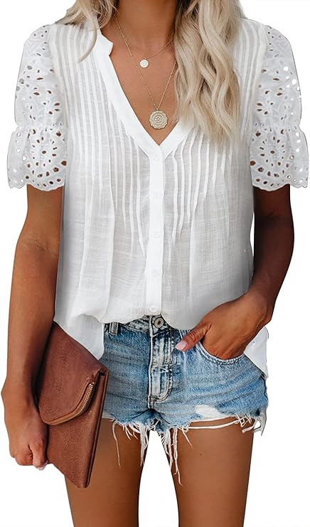 Dokotoo Women's V Neck Lace Crochet Eyelet Tops Short Sleeve Casual Shirts Blouses | Amazon (US)