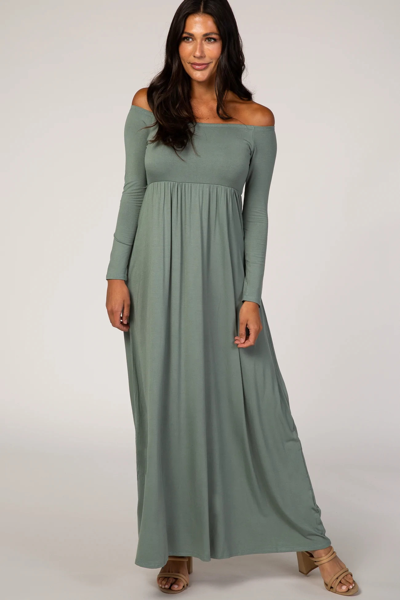 Sage Off Shoulder Long Sleeve Maternity Maxi Dress | PinkBlush Maternity