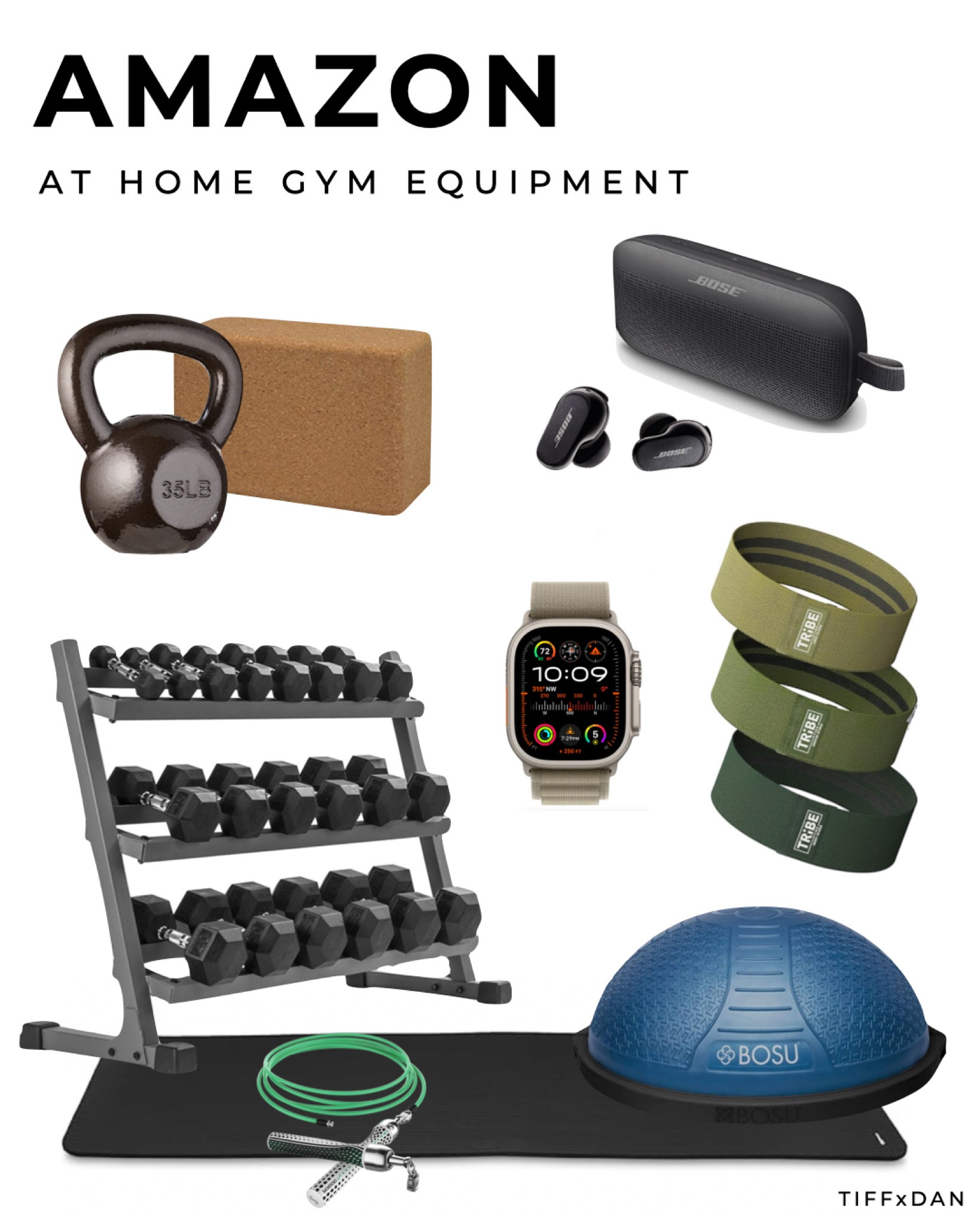 Amazon finds from our at home gym. 
•Dumbbell Rack 
•Dumbbell Set
•Bosu Ball
•Workout bands 
•Apple Watch
•Bose Headphones 
•Bose Speaker 
•Kettlebells 
•Yoga Block 
•Jump Rope
•Workout Mat

#tiffxdan 

#LTKfitness