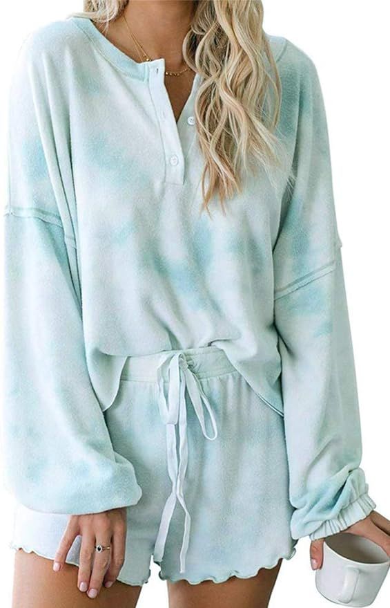 Womens Tie Dye Printed Lounge Sets Long Sleeve Short PJ Set Nightwear Sleepwear Loungewear | Amazon (US)