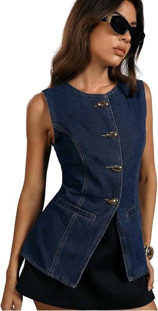 Women's Button Up Denim Vest Summer Crew Neck Sleeveless Vintage Jean Tops | Amazon (US)